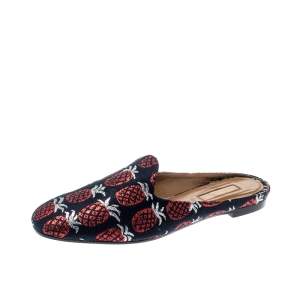 Pre Owned Aquazzura Blue And Red Pineapple Jacquard Brando Flat Mules Size 39