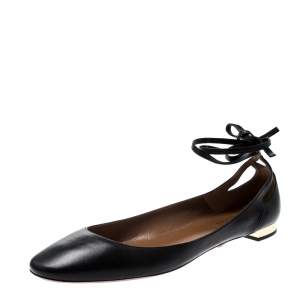 Pre Owned Aquazzura Black Leather Heart Breaker Ballet Tie Up Ballet Flat Size 42
