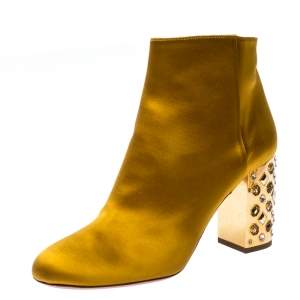 Pre Owned Aquazzura Yellow Satin Party Embellished Heel Ankle Booties Size 39.5
