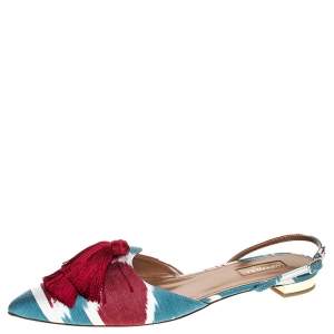 Pre Owned Aquazzura Multicolour Canvas Fringe Detail Ankle Strap Flats Size 40