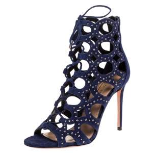 Pre Owned Aquazzura Blue Suede Leather Begum Studded Cut Out Open Toe Ankle Booties Size 36.5