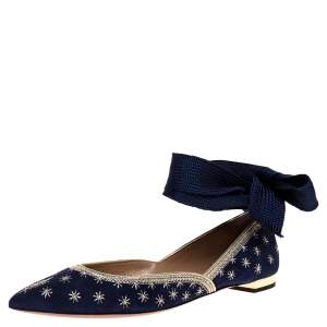 Pre Owned Aquazzura Blue Embroidered Suede Leather Bliss Ankle Wrap Ballet Flats Size 38