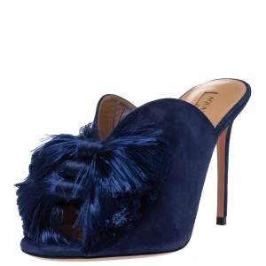 Pre Owned Aquazzura Navy Blue Suede Lotus Blossom Mules Size 36
