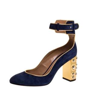 Pre Owned Aquazzura Navy Blue Suede Lucky Star Ankle Strap Pumps Size 38.5