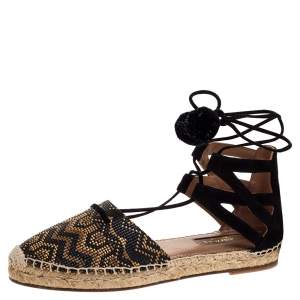 Pre Owned Aquazzura Brown/Black Raffia And Suede Leather Belgravia Lace Up Espadrille Flat Sandals Size 36