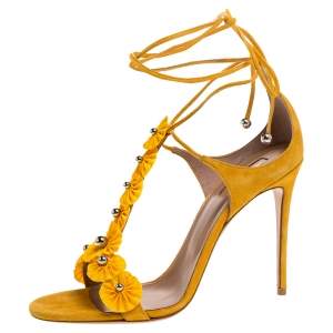 Pre Owned Aquazzura Yellow Suede And Fabric Exotic T Strap Ankle Wrap Sandals Size 40
