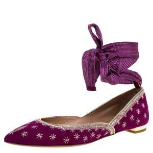 Pre Owned Aquazzura Purple Suede Leather Bliss Embroidered Ankle Wrap Ballet Flats Size 37
