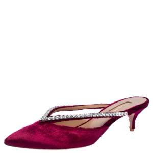 Pre Owned Aquazzura Burgundy Velvet Sabine Crystal Embellished Pointed Toe Mules Size 38.5