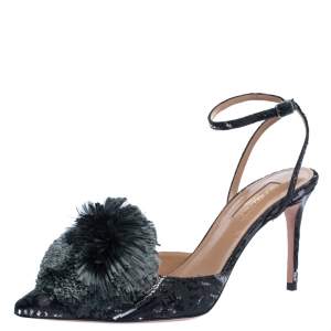 Pre Owned Aquazzura Black Brocade Fabric Powder Puff Ankle Strap Sandals Size 37