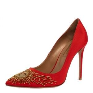 Pre Owned Aquazzura Red Moire Fabric Sunlight Embellished Pointed Toe Pumps Size 36