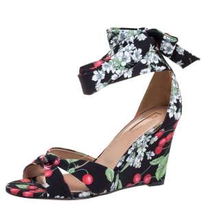 Pre Owned Aquazzura Multicolor Fabric Cherry Bloosom Ankle Wrap Wedge Sandals Size 39.5