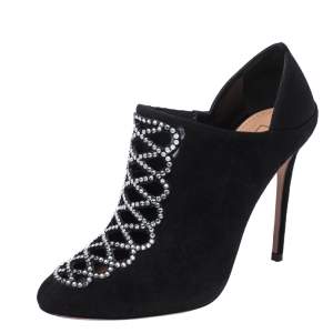 Pre Owned Aquazzura Black Suede Leather And Satin Amour Crystal Embellished Ankle Booties Size 37.5