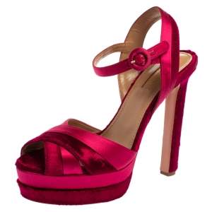 Aquazzura Pink Satin And Velvet Coquette Platform Ankle Strap Sandals Size 38
