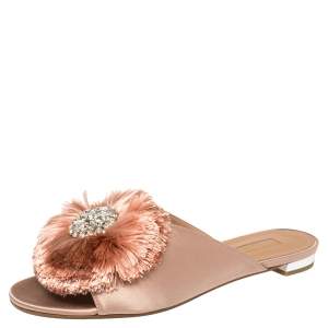 Pre Owned Aquazzura Beige Satin Powder Puff Crystal Embellished Flat Sandals Size 37