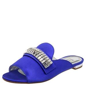 Aquazzura Blue Satin Crystal Embellished Winston Sandals Size 35