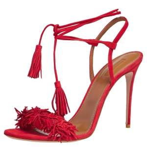 Aquazzura Red Fringed Suede Wild Thing Ankle Wrap Sandals Size 42