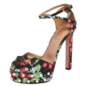 Pre Owned Aquazzura Multicolor Cherry Blossom Print Fabric Harlow Pearls Platform Sandals Size 40