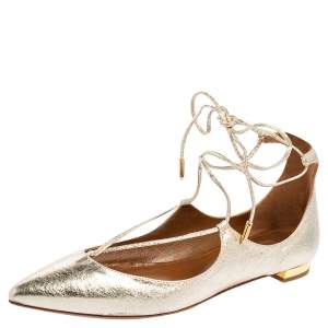 Pre Owned Aquazzura Gold Leather Christy Lace Up Pointed Toe Flats Size 35.5