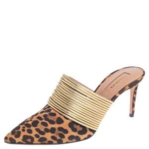 Pre Owned Aquazzura Black/Brown Tiger Print Suede And Leather Rendez  Vous Mules Size 36.5
