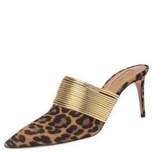 Pre Owned Aquazzura Brown Leopard Print Suede and Gold Faux Leather Rendez Vous Mule Sandals Size 41
