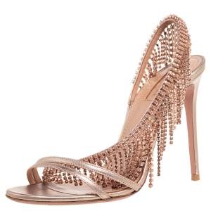 Pre Owned Aquazzura Mettalic Gold Leather Wild Fringe Crystal Sandals Size 39