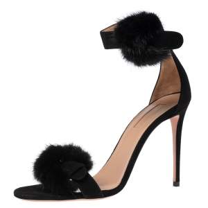 Pre Owned Aquazzura Black Suede And Fur Sinatra Sandals Size 38.5