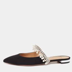 Pre Owned Aquazzura Black Fabric Exquisite Crystal and Faux Pearl Embellished Flat Mules Size 35.5