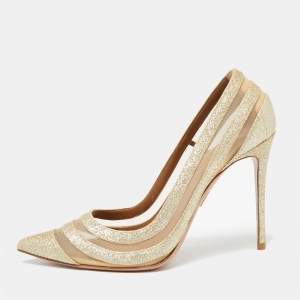 Pre Owned Aquazzura Light Gold Glitter and Mesh Graphic Pumps Size 36.5