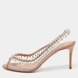 Pre Owned Aquazzura Beige Leather and PVC Temptation Crystal Embellished Slingback Pumps Size 39