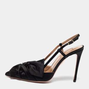 Pre Owned Aquazzura Black Satin Knot Detail Slingback Pumps Size 38
