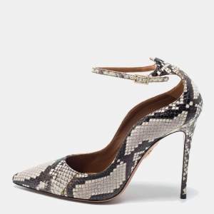 Pre Owned Aquazzura Two Tone Python Embossed Leather Love Affair Ankle Strap Pumps Size 37