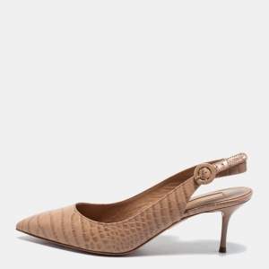Pre Owned Aquazurra Beige Croc Embossed Leather Slingback Pumps Size 38
