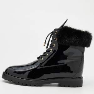 Pre Owned Aquazzura Black Patent Leather and Fur Heilbrunner Ankle Boots Size 38