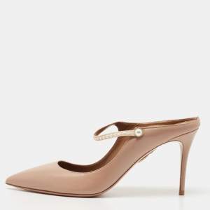Pre Owned Aquazzura Pink Leather Nolita Pearl Mules Size 39.5