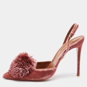 Pre Owned Aquazzura Rose Pink Velvet Powder Puff Pom Pom Slingback Pumps Size 40