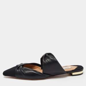 Pre Owned Aquazzura Black Leather and Canvas Mondaine Flat Mules Size 35