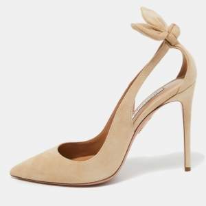 Pre Owned Aquazzura Beige Suede Bow Tie Pointed Toe Pumps Size 39.5