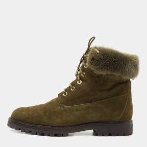 Pre Owned Aquazzura Olive Green Suede and Fur Ankle Boots Size 38