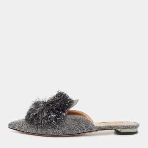 Pre Owned Aquazzura Silver Glitter Tropicana Pom Pom Mules Size 37  