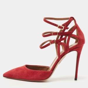 Pre Owned Aquazzura Dark Red Suede Strappy Pumps Size 38