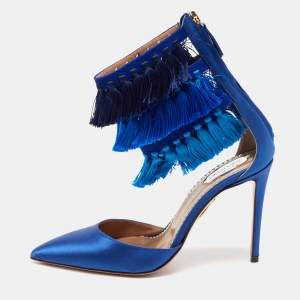 Pre Owned Claudia Schiffer For Aquazzura Blue Satin And Suede Tasseled Loulou Ankle Cuff Sandals Size 37
