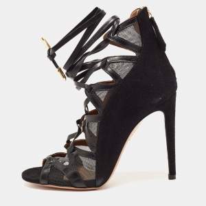 Pre Owned Aquazzura Black Suede and Mesh Cut Out Lace Pp Pumps Size 35