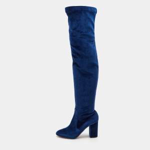Pre Owned Aquazzura Blue Velvet So Me Knee High Boots Size 39