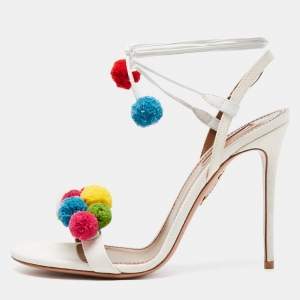 Pre Owned Aquazzura Multicolor Canvas Tropicana Pom Pom Ankle Wrap Sandals Size 38.5