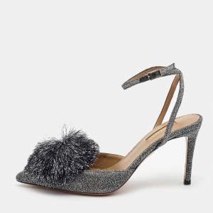 Aquazzura Silver Lurex Fabric Powder Puff Ankle Strap Pumps Size 38