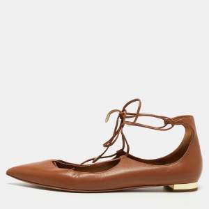 Pre Owned Aquazzura Brown Leather Christy Ankle Tie Flats Size 39.5