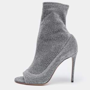 Pre Owned Aquazzura Silver Lurex Fabric Eclair Peep Toe Ankle Boots Size 40