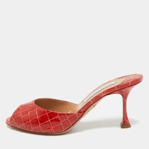 Pre Owned Aquazzura Red Croc Embossed Leather Mules Size 36  