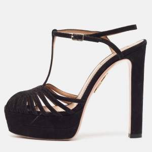 Pre Owned Aquazzura Black Suede T-Strap Platform Sandals Size 37