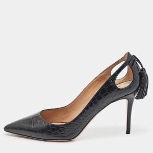 Pre Owned Aquazzura Black Croc Embossed Pointed Toe Pumps Size 37.5